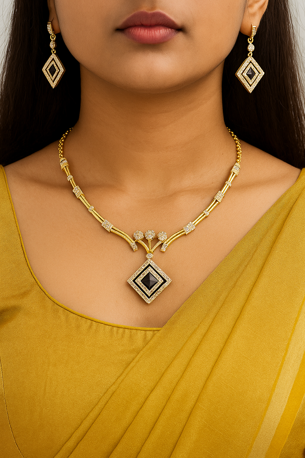 Krinish Geometric Grace Micro Gold Plated American Diamond Necklace & Earring Set