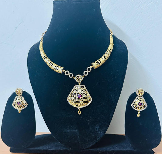 Krinish Royal Filigree Fan Design Micro Plated Diamond Necklace Set