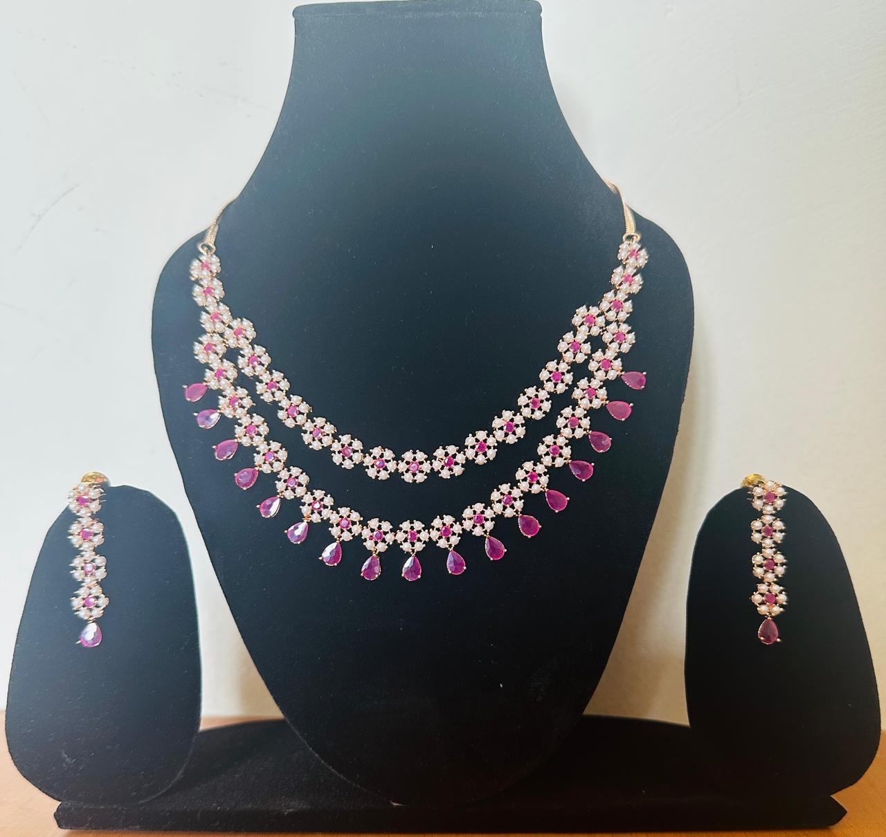 Krinish Ruby Bloom Layered Micro Plated Necklace & Earring Set