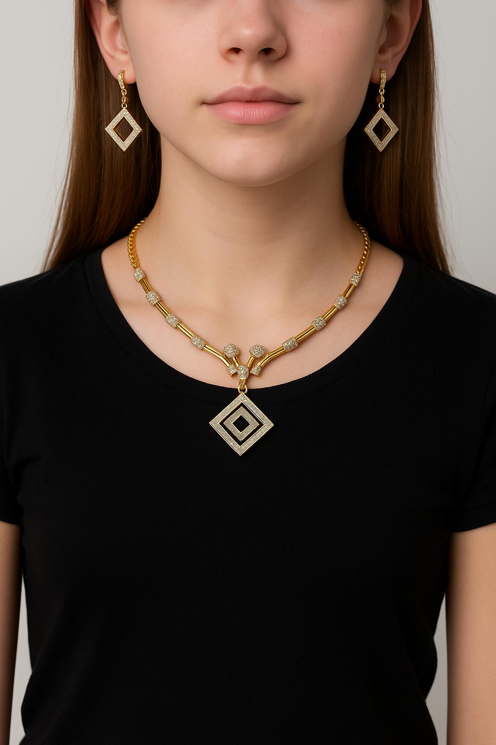 Krinish Geometric Grace Micro Gold Plated American Diamond Necklace & Earring Set